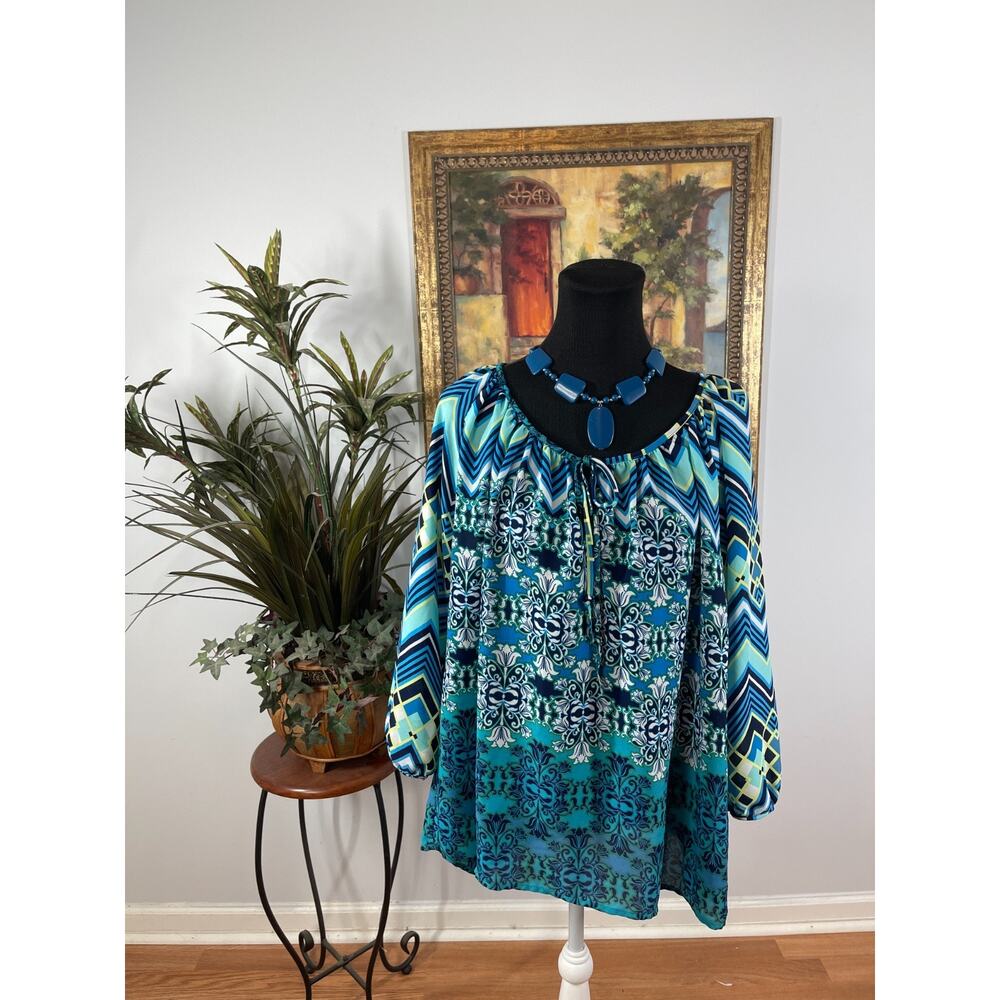 Women's Tunic Top Blue Abstract‎ Print V Neck Drawstring Whimsigoth Boho Chic